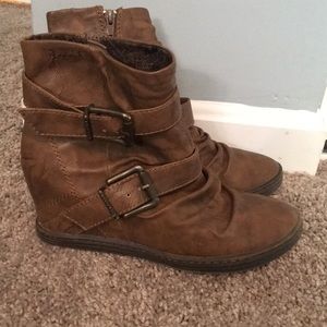 Blowfish brown buckle wedge booties